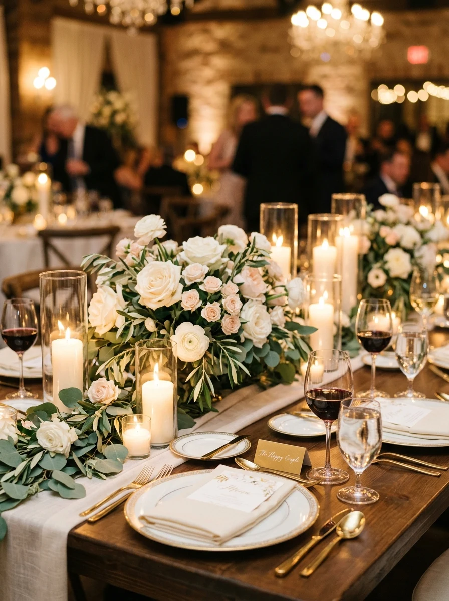 Mesa de recepção de casamento decorada com arranjos florais brancos e velas