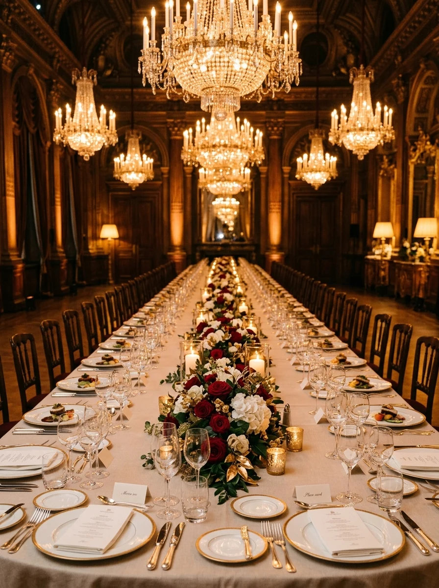 Banquete de gala com lustres de cristal e gastronomia de alto padrão