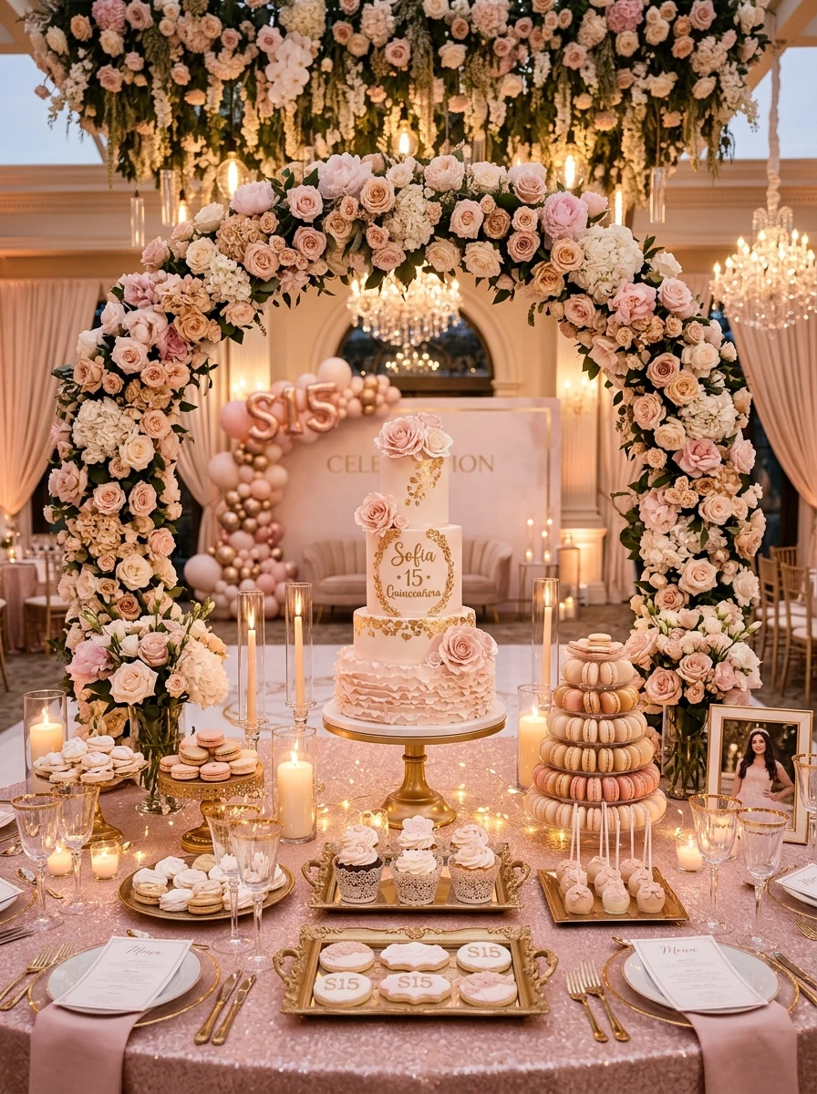 Mesa de doces e bolo de festa de 15 anos em tons blush e champanhe com iluminação suave